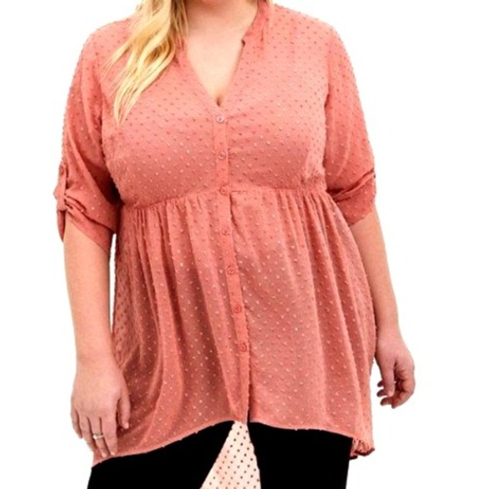 TORRID Women's 3X‎ Coral Swiss Dot Sheer Babydoll Peasant 3/4 Sleeve Tunic Top